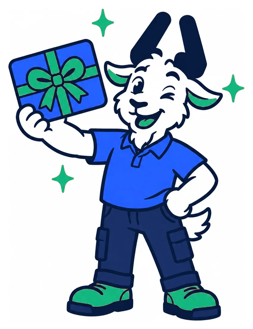 The Vouch goat holding up a gift card with a bow