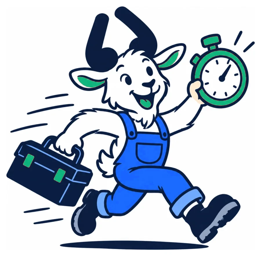 The Vouch goat sprinting with a stopwatch and a toolbox